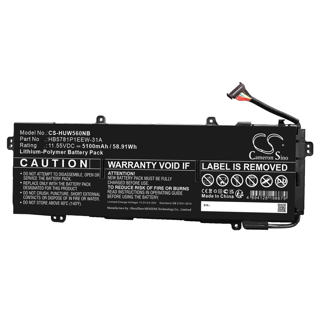 11.55v, Li-polymer, 5100mah, Battery Fits Huawei, Emd-w76, Hkd-w56, 58.91wh Notebook, Laptop Cameron Sino Technology Limited