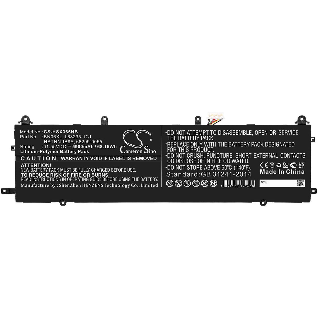 11.55v, Li-polymer, 5900mah, Battery Fit's Hp, Spectre X360 15-eb0010ca, Spectre X360 15-eb0025tx, Spectre X360 15-eb0035tx, 68. Notebook, Laptop Cameron Sino Technology Limited