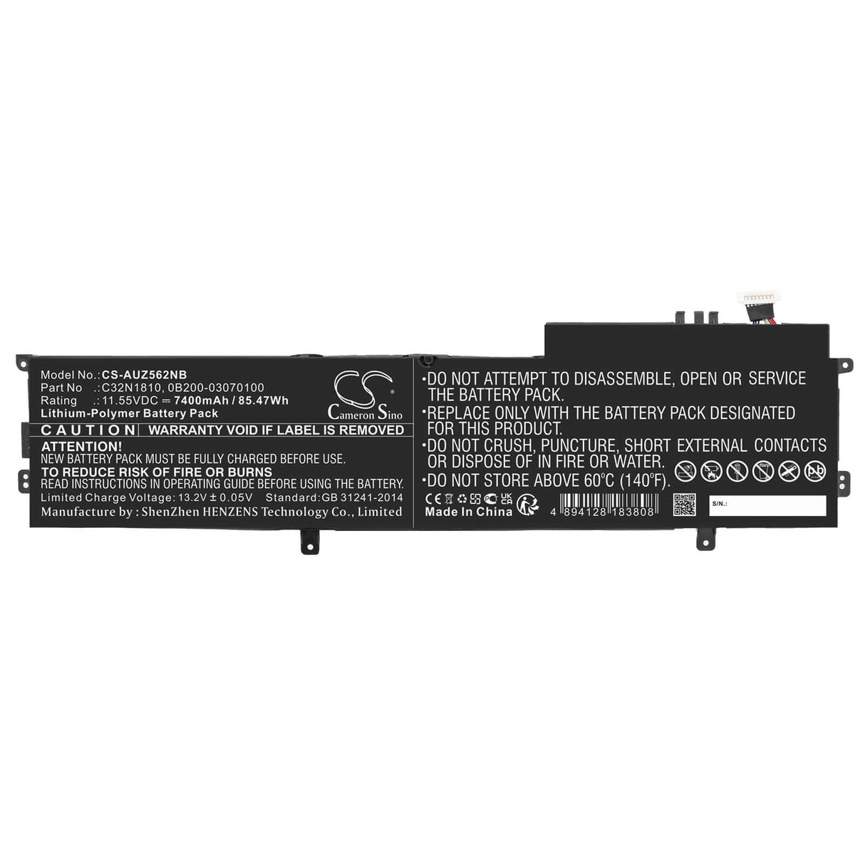 11.55v, Li-polymer, 7400mah, Battery Fits Asus, Zenbook Flip 15 Ux562, Zenbook Flip 15 Ux562fd, 85.47wh Notebook, Laptop Cameron Sino Technology Limited