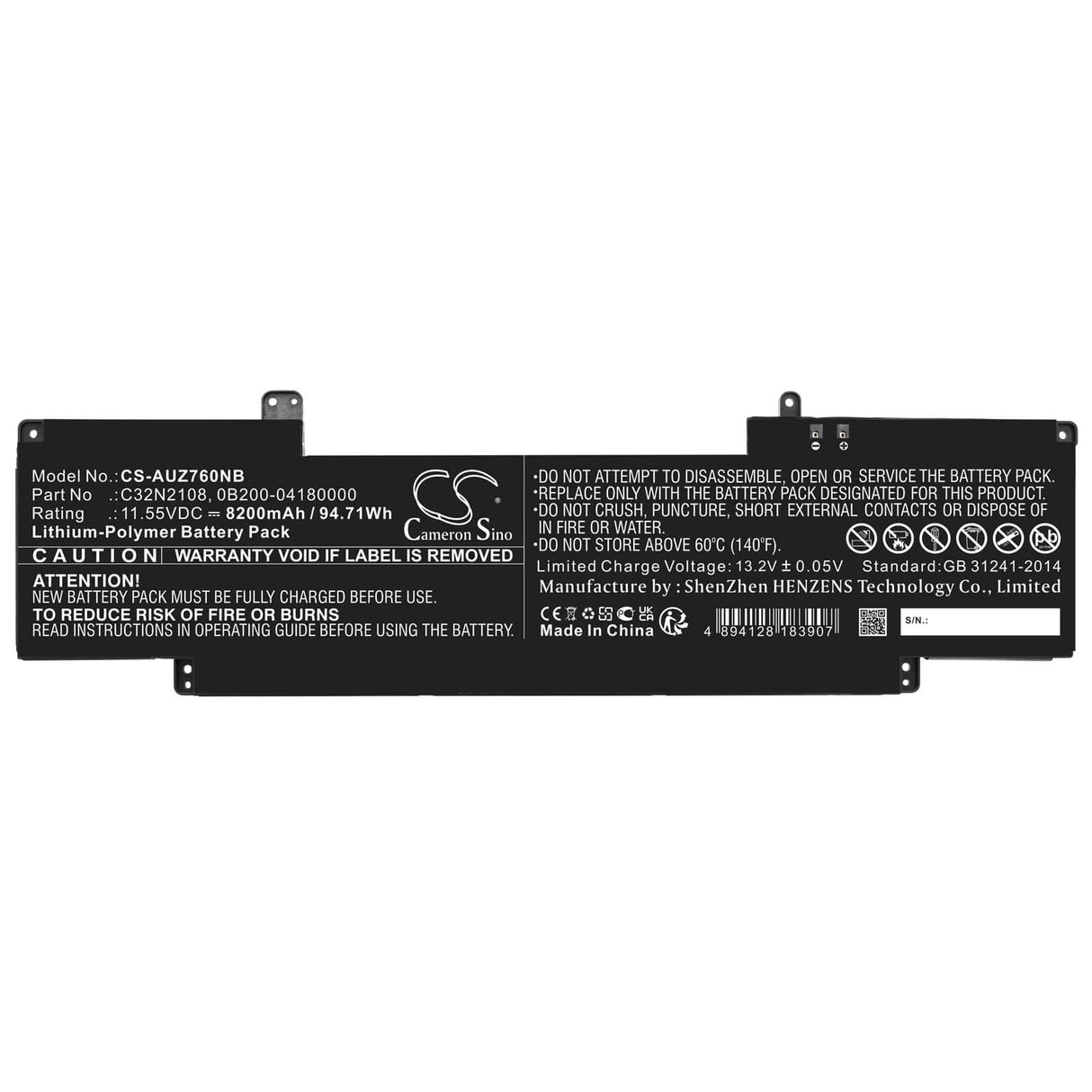 11.55v, Li-polymer, 8200mah, Battery Fits Asus, Uz7602zm, Zenbook Pro 16x Oled, 94.71wh Notebook, Laptop Cameron Sino Technology Limited