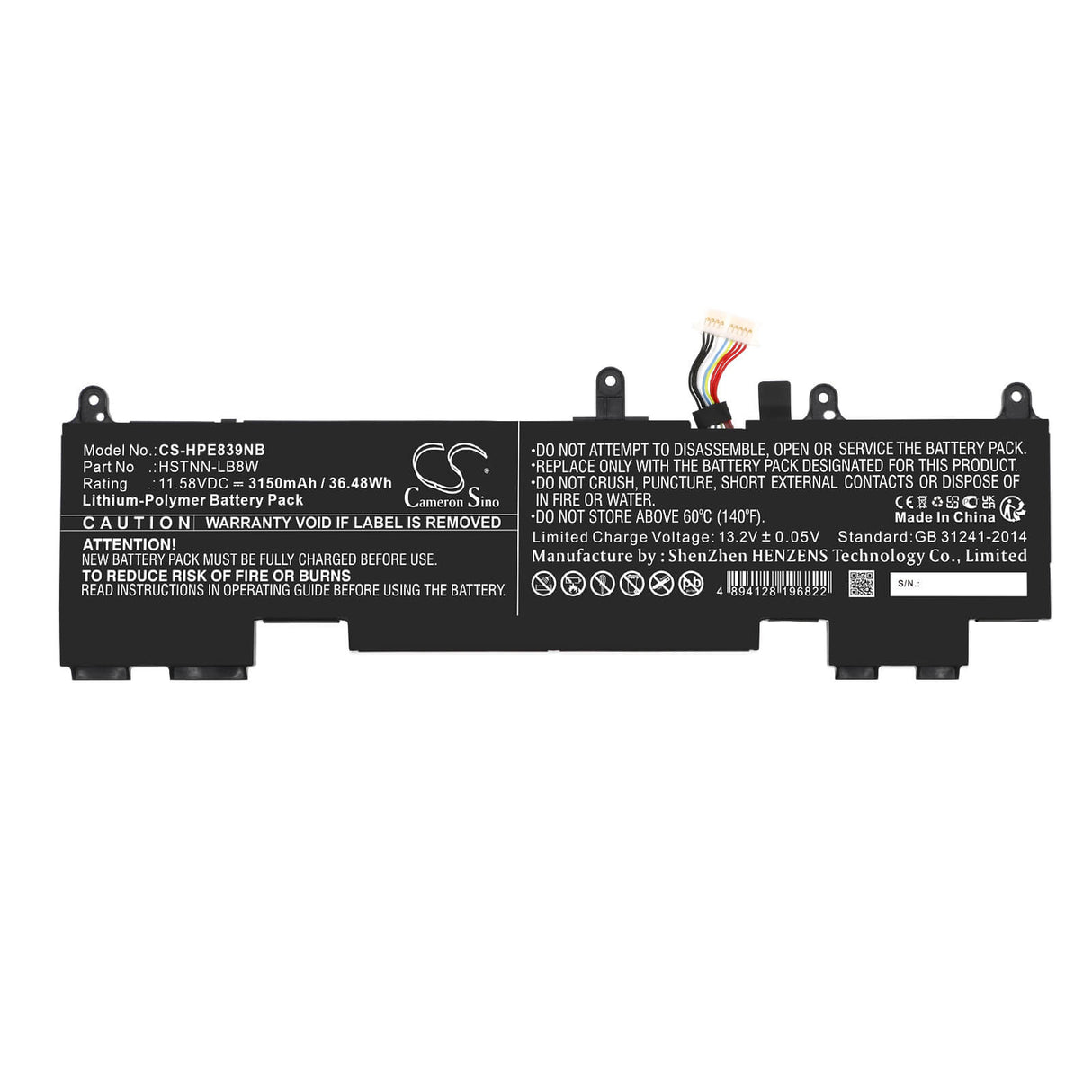 11.58v, Li-polymer, 3150mah, Battery Fits Hp, Elitebook 1040 G9, Elitebook 830 G9, 36.48wh Notebook, Laptop Cameron Sino Technology Limited