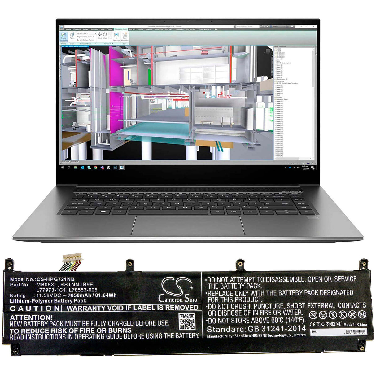 11.58v, Li-polymer, 7050mah, Battery Fit's Hp, Zbook Create G7, Zbook Studio G7, Zbook Studio G7 1j3r6ea, 81.64wh Notebook, Laptop Cameron Sino Technology Limited