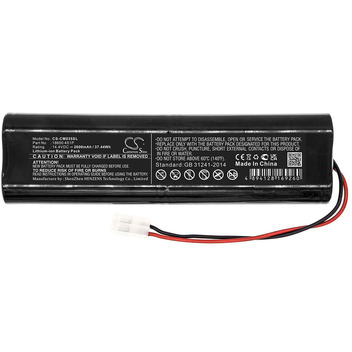 14,4V, Li-ion, 2600mAh, Batterie Pack batterie compatible avec Custom Battery Packs, 18650 4s1p, 37,44Wh Battery Pack Cameron Sino Technology Limited