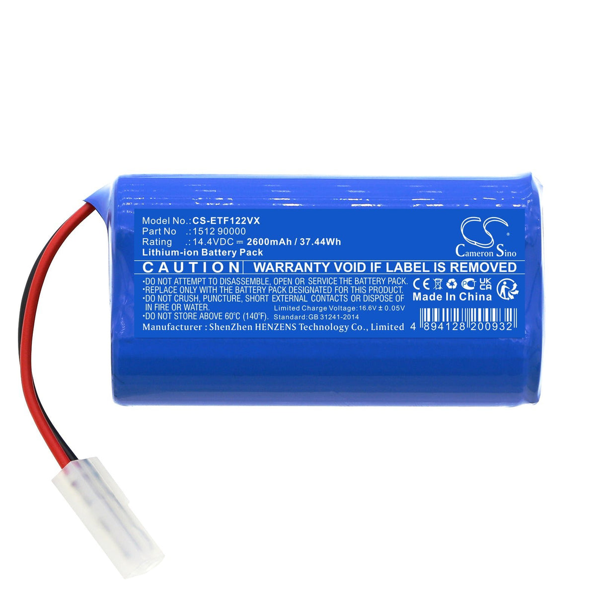 14.4V, Li-ion, 2600mAh, Vacuum Battery fits Eta, 1226 90000, 1226 Felix, 37.44Wh Vacuum Cameron Sino Technology Limited