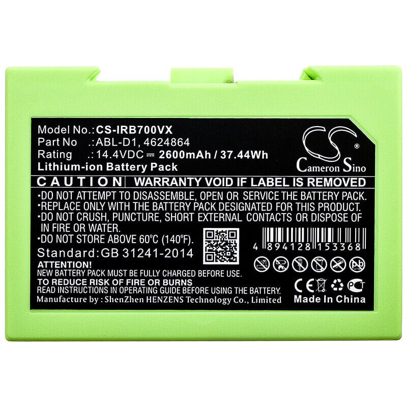 14.4V, Li-ion, 2600mAh, Vacuum battery fits Irobot, 5150, 7150, 7550, 37.44Wh Vacuum Cameron Sino Technology Limited