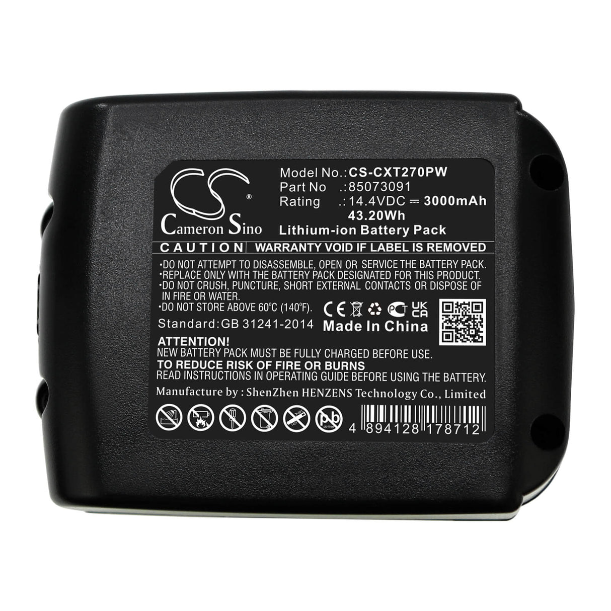 14,4V, Li-ion, 3000mAh, batterie pour outils de cerclage compatible avec Columbia, 85073091, Gt-h, Lst 270, 43,2Wh Outils de cerclage Cameron Sino Technology Limited
