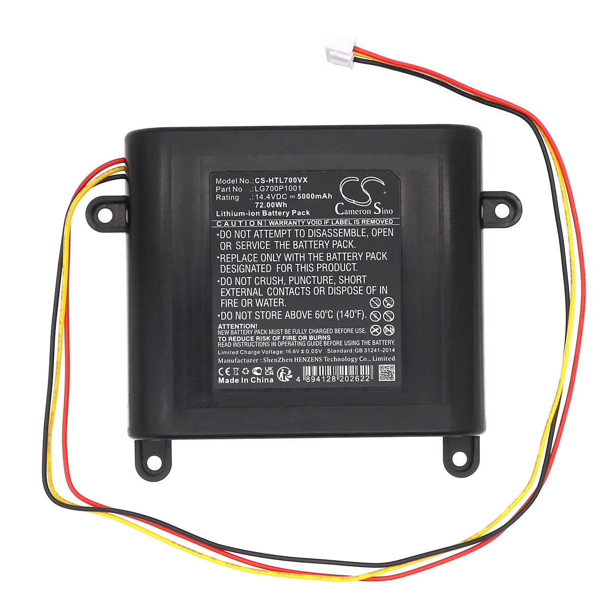 14.4V, Li-ion, 5000mAh, Vacuum battery fits Hobot, Legee 7, Legee D7, 72.00Wh Vacuum Cameron Sino Technology Limited