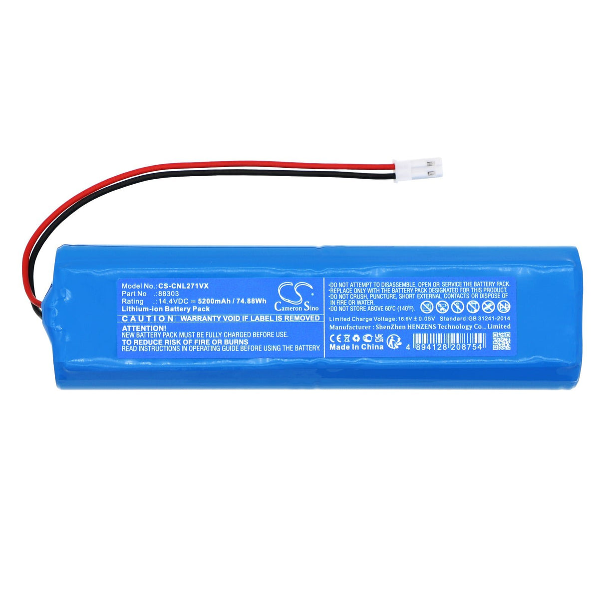 14.4V, Li-ion, 5200mAh, Batterie d'aspirateur compatible avec Ikohs Create, Netbot Ls23+, Connecteur Type 2, 74.88Wh Aspirateur Cameron Sino Technology Limited
