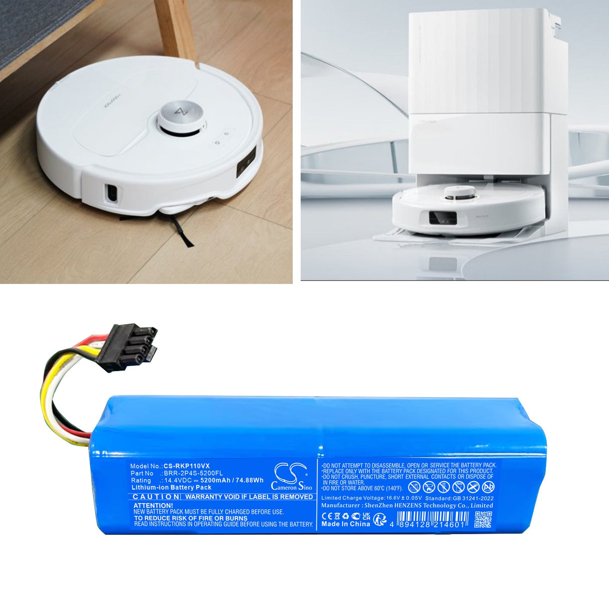14.4V, Li-ion, 5200mAh, Vacuum battery fits Roborock, Brr-2p4s-5200fl, A8600rr, P10 Pro, 74.88Wh Vacuum Cameron Sino Technology Limited