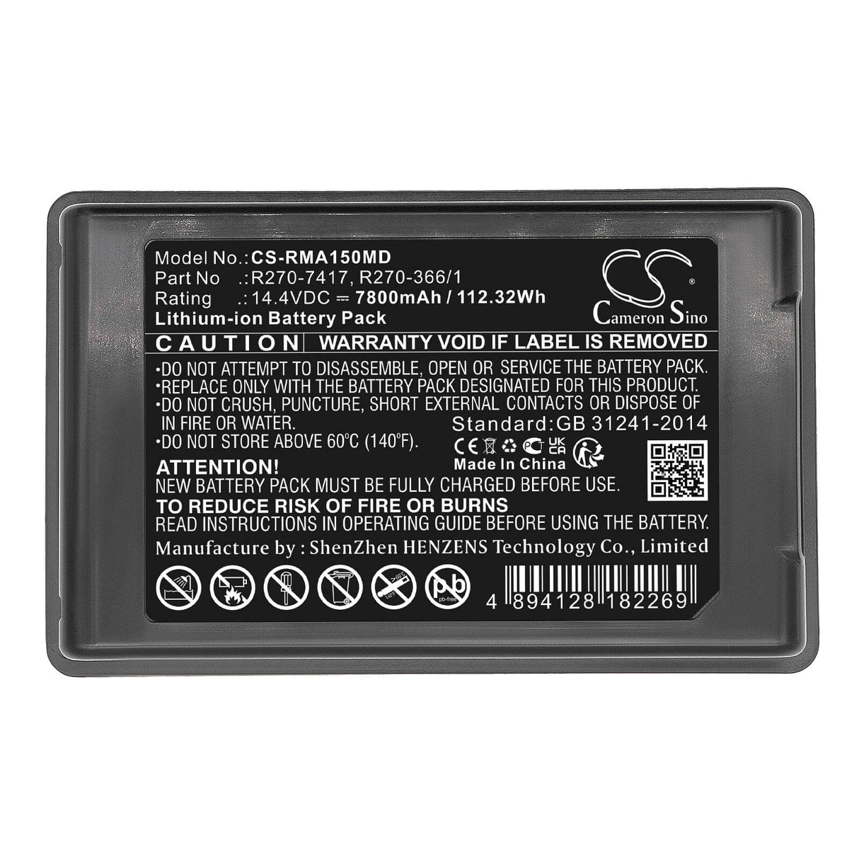 14.4V, Li-ion, 7800mAh, Medical battery fits Resmed, R270-366/1, Astral 150 Ventilator Ultralif, 112.32Wh Medical Cameron Sino Technology Limited (Dangerous Goods)