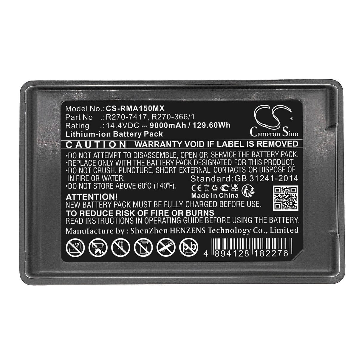 14.4V, Li-ion, 9000mAh, Medical battery fits Resmed, R270-366/1, Astral 150 Ventilator Ultralif, 129.60Wh Medical Cameron Sino Technology Limited (Dangerous Goods)