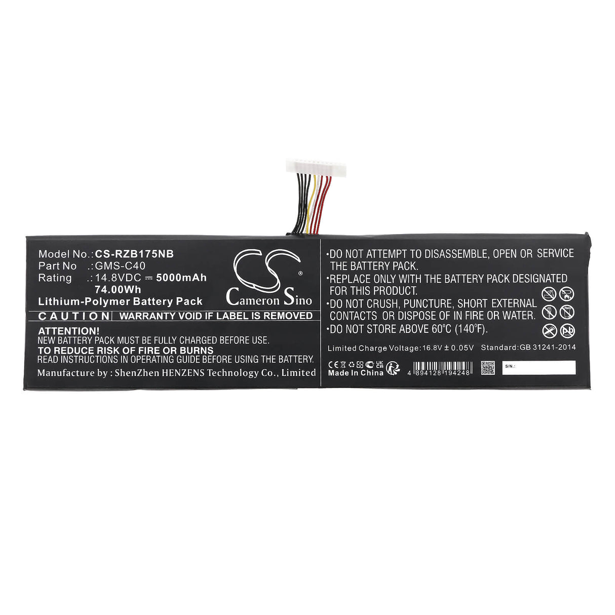 14.8v, Li-polymer, 5000mah, Battery Fits Razer, Blade Pro 17, Blade Pro 17 Inch 2013, 74.00wh Notebook, Laptop Cameron Sino Technology Limited