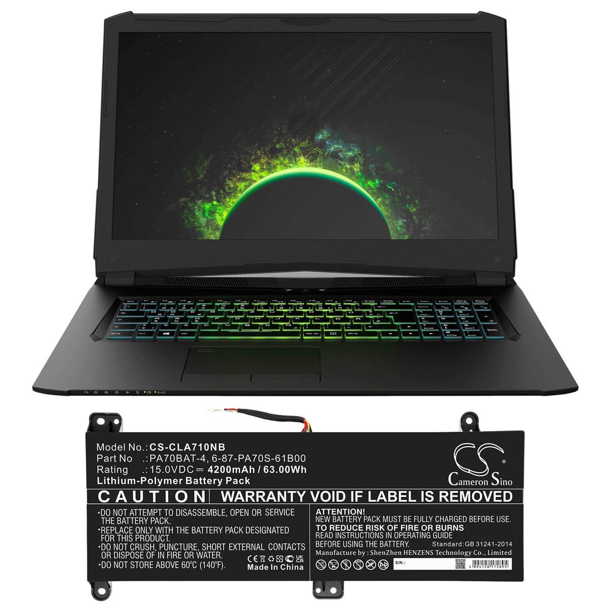 15.0v, 4200mah, Li-polymer Battery Fit's Clevo, Pa70hp6-g, Pa70hs-g, Pa71hp6-g, 63.00wh Notebook, Laptop Cameron Sino Technology Limited