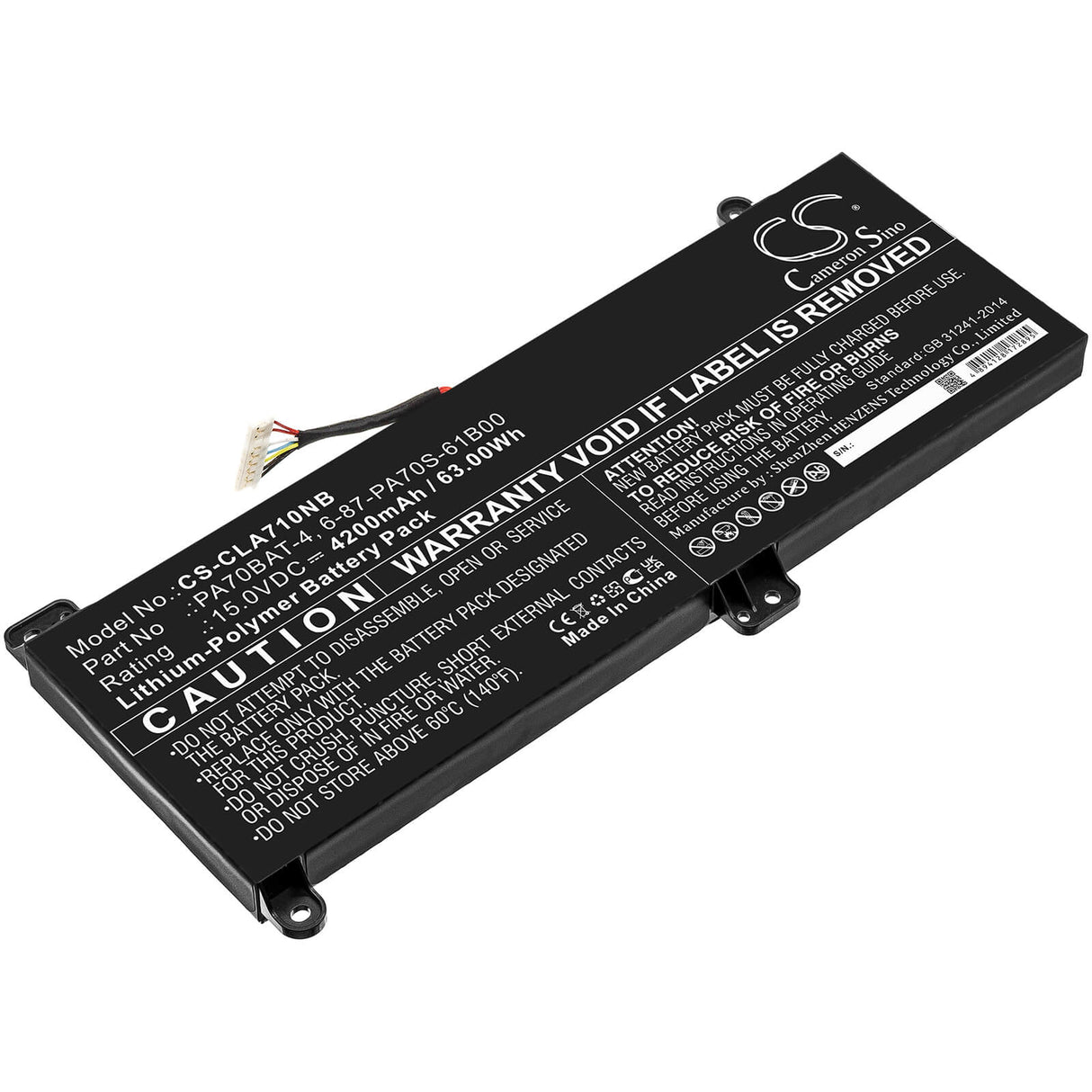 15.0v, 4200mah, Li-polymer Battery Fit's Clevo, Pa70hp6-g, Pa70hs-g, Pa71hp6-g, 63.00wh Notebook, Laptop Cameron Sino Technology Limited