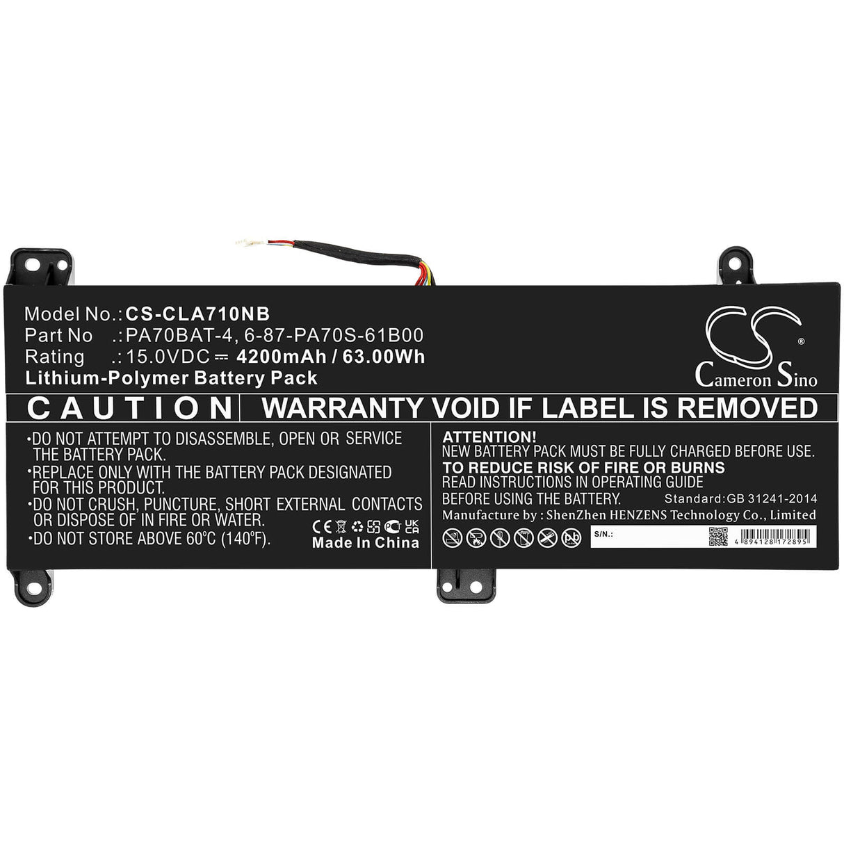 15.0v, 4200mah, Li-polymer Battery Fit's Clevo, Pa70hp6-g, Pa70hs-g, Pa71hp6-g, 63.00wh Notebook, Laptop Cameron Sino Technology Limited