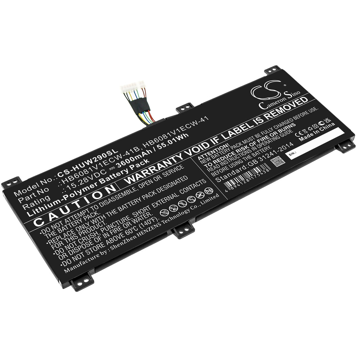15.28v, Li-polymer, 3600mah, Battery Fits Huawei, Hbl-w19, Hbl-w29, 55.01wh Notebook, Laptop Cameron Sino Technology Limited