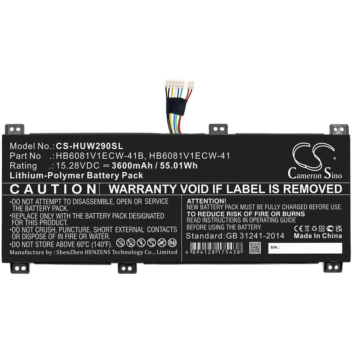 15.28v, Li-polymer, 3600mah, Battery Fits Huawei, Hbl-w19, Hbl-w29, 55.01wh Notebook, Laptop Cameron Sino Technology Limited
