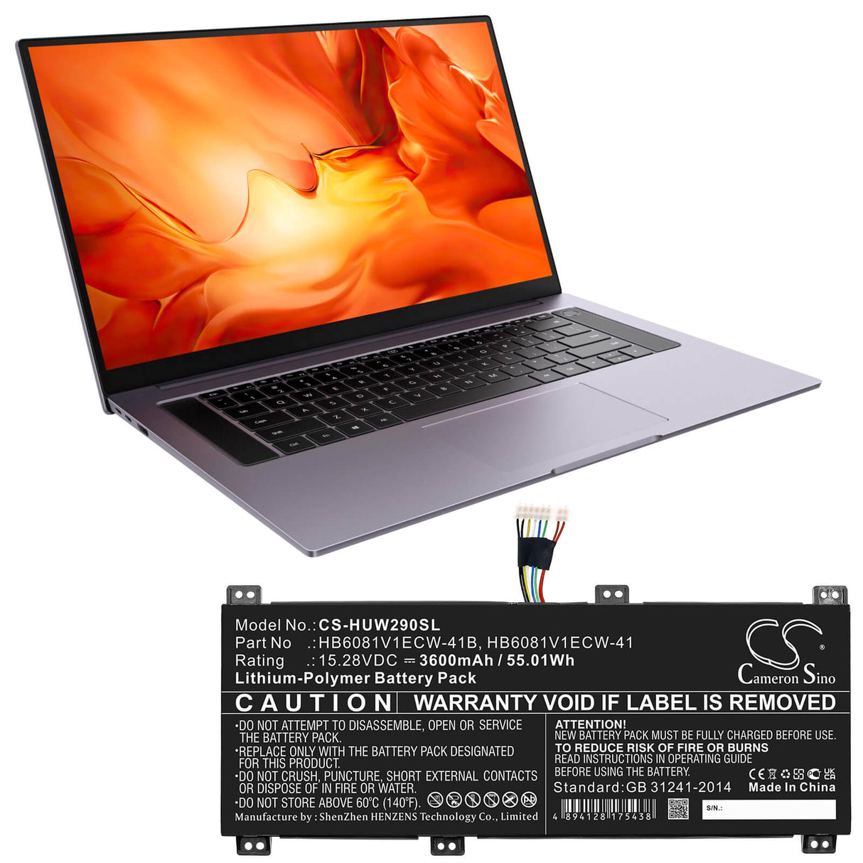 15.28v, Li-polymer, 3600mah, Battery Fits Huawei, Hbl-w19, Hbl-w29, 55.01wh Notebook, Laptop Cameron Sino Technology Limited