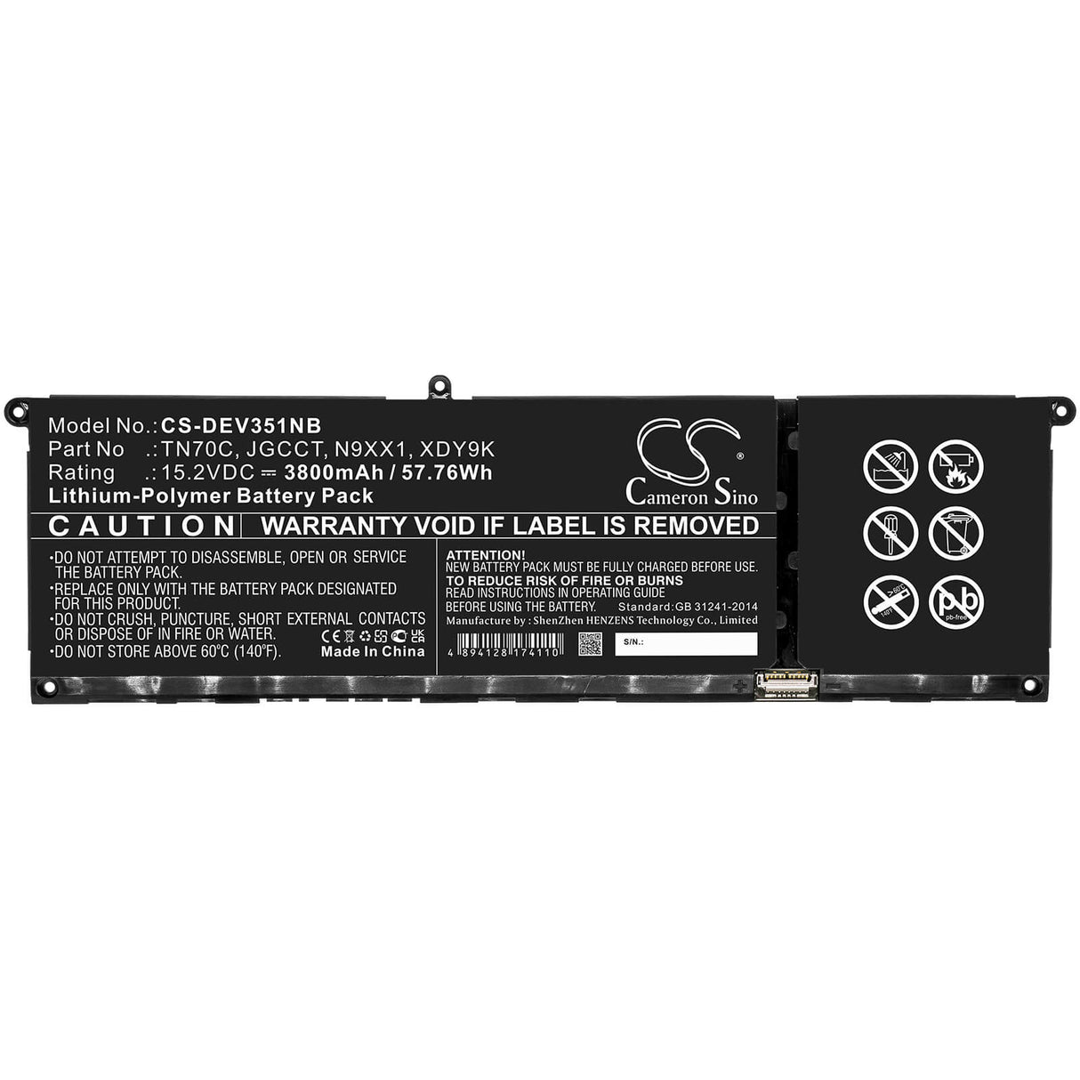 15.2v, 3800mah, Li-polymer Battery Fit's Dell, Vostro 3510, Vostro 3515, Vostro 5410, 57.76wh Notebook, Laptop Cameron Sino Technology Limited