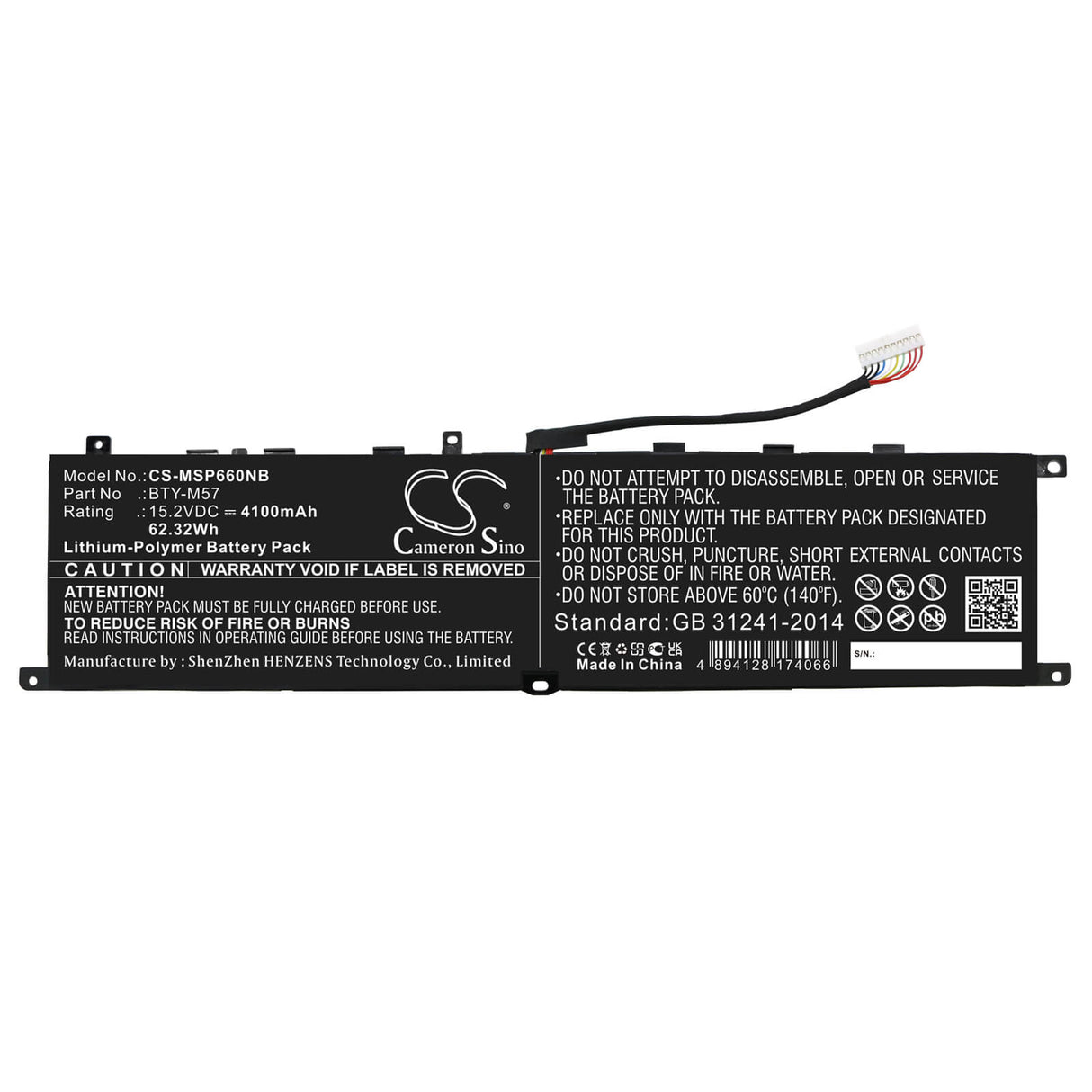 15.2v, 4100mah, Li-ion Battery Fit's Msi, Gp66, Gp76, Leopard 10ug, 62.32wh Notebook, Laptop Cameron Sino Technology Limited