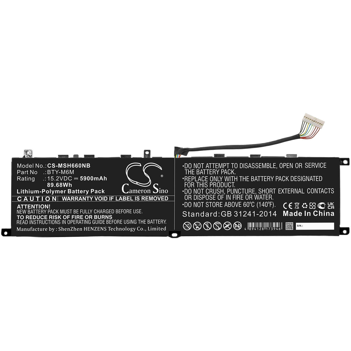 15.2v, 5900mah, Li-ion Battery Fit's Msi, Creator 15 A10sdt, Creator 15 A10sdt-065es, 89.68wh Notebook, Laptop Cameron Sino Technology Limited