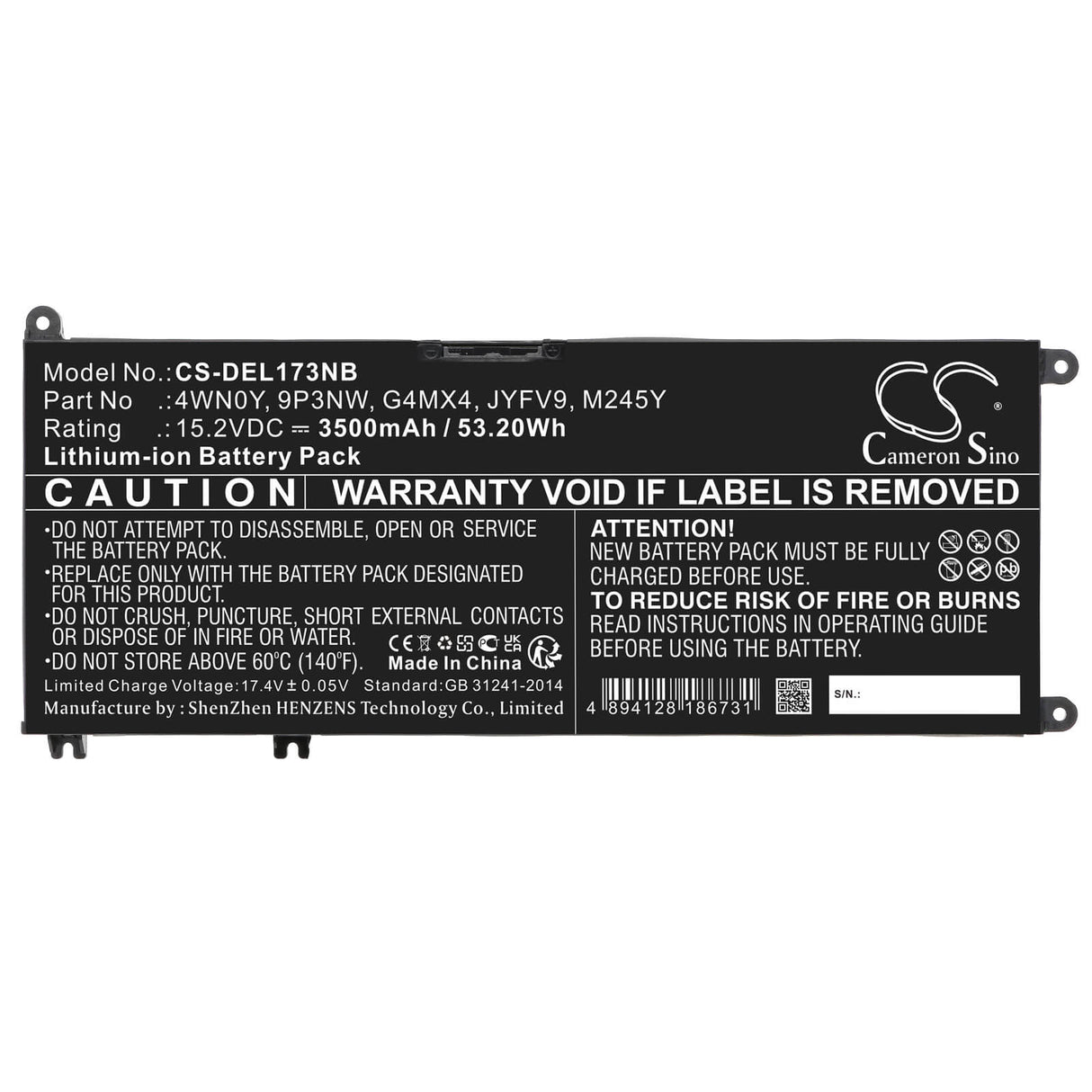 15.2v, Li-ion, 3500mah, Battery Fits Dell, Inspiron 13 7353, Inspiron 13 7577, 53.20wh Notebook, Laptop Cameron Sino Technology Limited