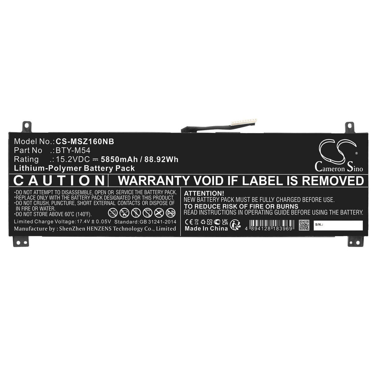 15.2v, Li-ion, 5850mah, Battery Fits Msi, Creator Z16 A11ue-019es, Creator Z16 A11ue-020xes, 88.92wh Notebook, Laptop Cameron Sino Technology Limited