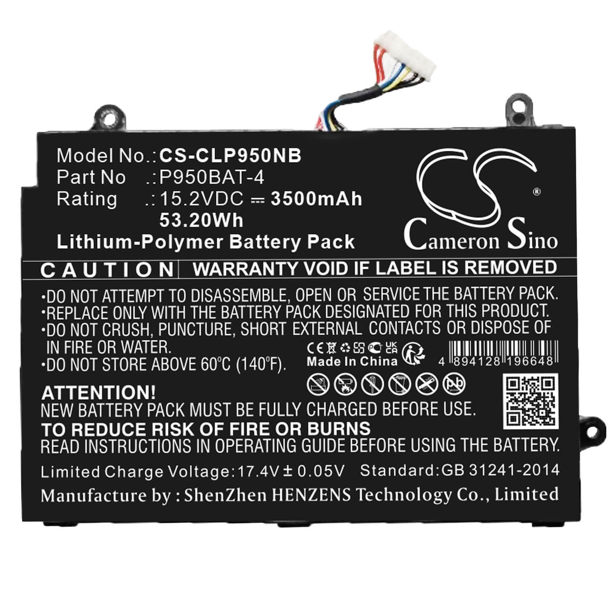 15.2v, Li-polymer, 3500mah, Battery Fits Clevo, Eurocom Q5, Eurocom Q6, 53.2wh Notebook, Laptop Cameron Sino Technology Limited
