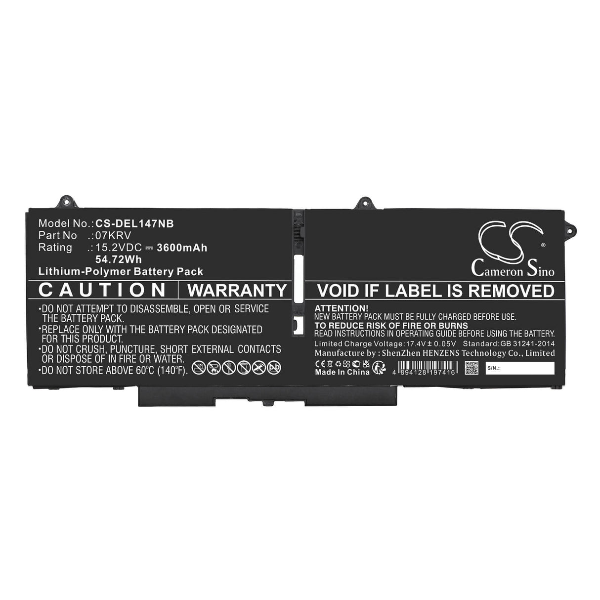15.2v, Li-polymer, 3600mah, Battery Fits Dell, Latitude 14 7430 3w64p, Latitude 14 7430 4fvjg, 54.72wh Notebook, Laptop Cameron Sino Technology Limited