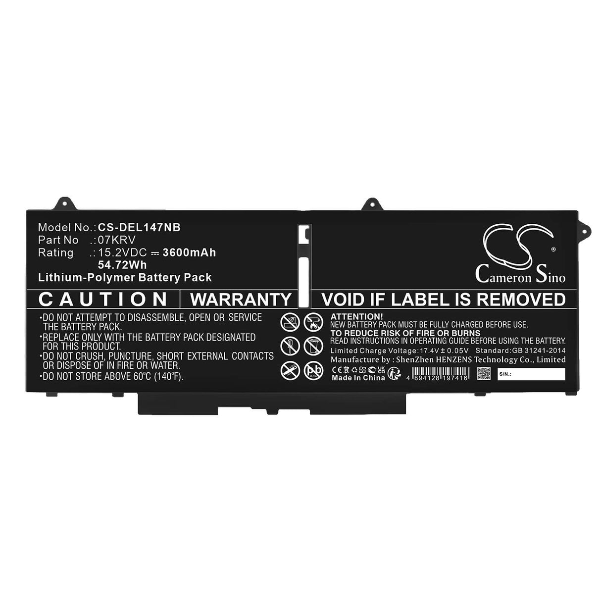 15.2v, Li-polymer, 3600mah, Battery Fits Dell, Latitude 14 7430 3w64p, Latitude 14 7430 4fvjg, 54.72wh Notebook, Laptop Cameron Sino Technology Limited