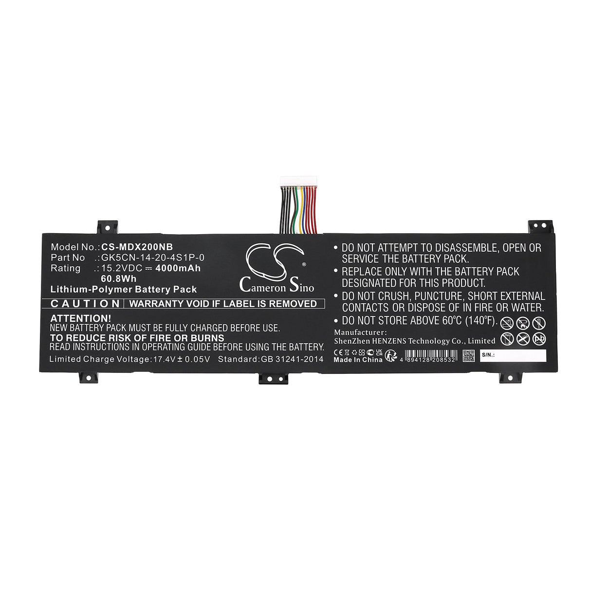 15.2V, Li-Polymer, 4000mAh, Notebook, Laptop battery fits Clevo, Gk5nr0o, 60.8Wh Notebook, Laptop Cameron Sino Technology Limited