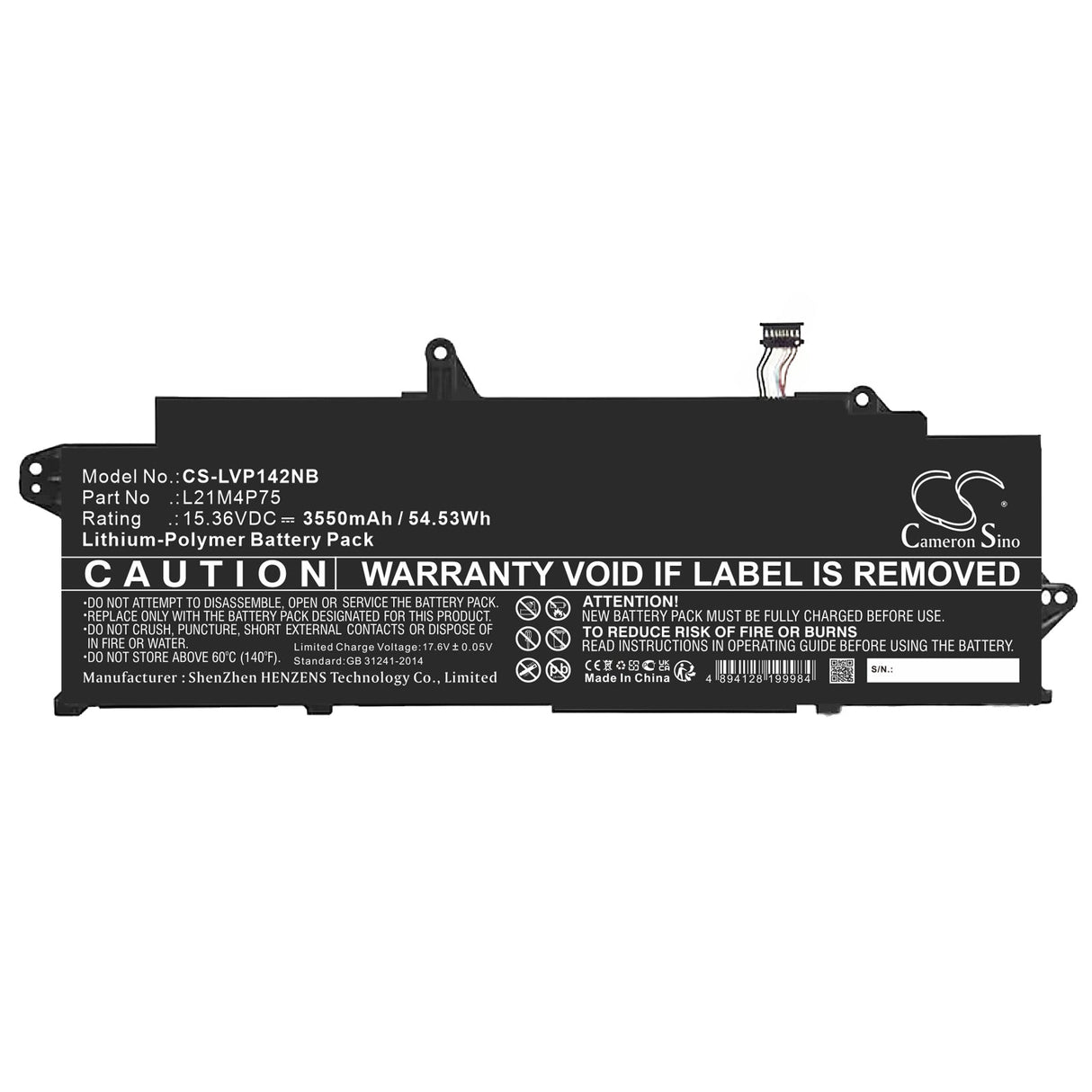 15.36V, Li-Polymer, 3550mAh, Battery fits Lenovo, Thinkpad T14s Gen 3(amd)21cq00, Thinkpad T14s Gen 3(amd)21cq00, 54.53Wh Notebook, Laptop Cameron Sino Technology Limited