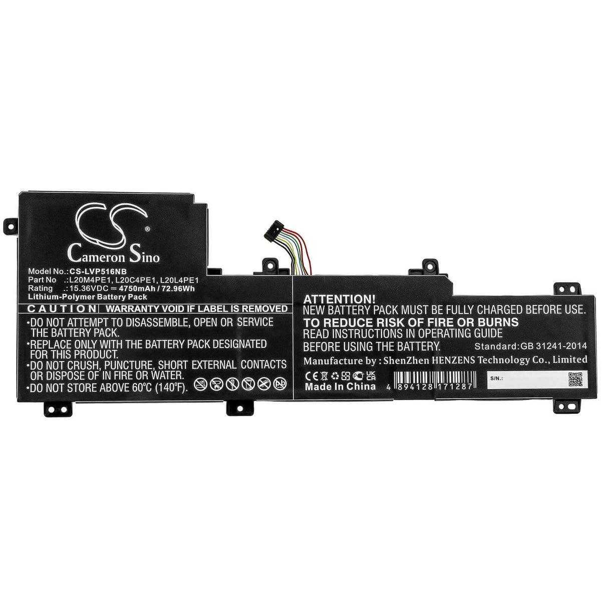 15.36v, Li-polymer, 4750mah, Battery Fit's Lenovo, Ideapad 5 Pro, Ideapad 5 Pro-16ach6, Ideapad 5 Pro-16ach6(82l5), 72.96wh Notebook, Laptop Cameron Sino Technology Limited