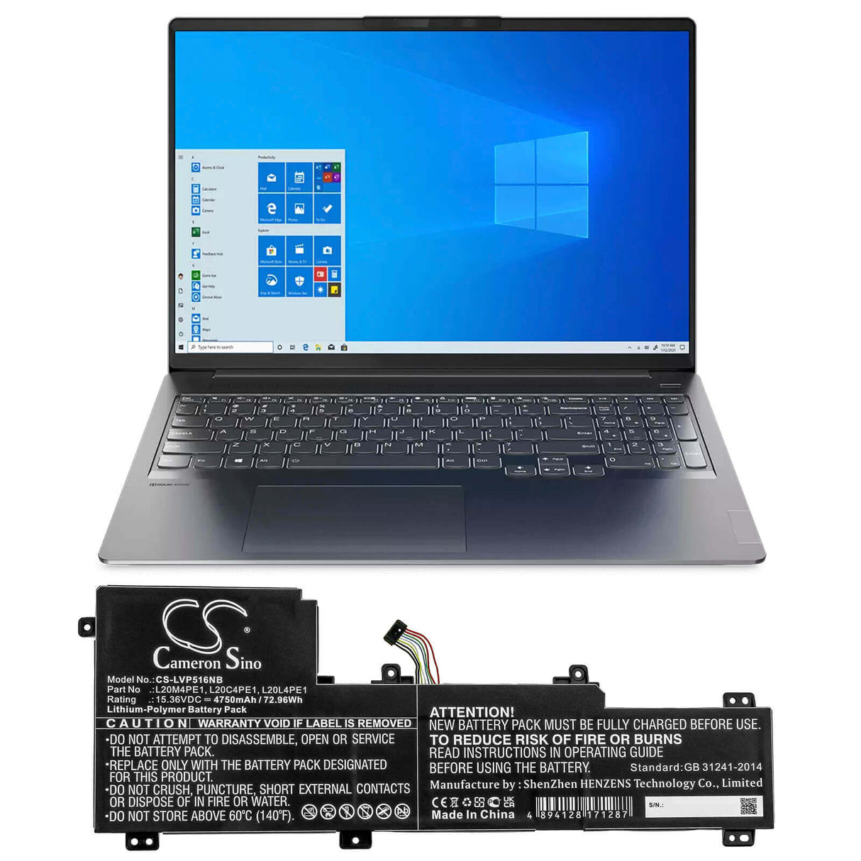 15.36v, Li-polymer, 4750mah, Battery Fit's Lenovo, Ideapad 5 Pro, Ideapad 5 Pro-16ach6, Ideapad 5 Pro-16ach6(82l5), 72.96wh Notebook, Laptop Cameron Sino Technology Limited