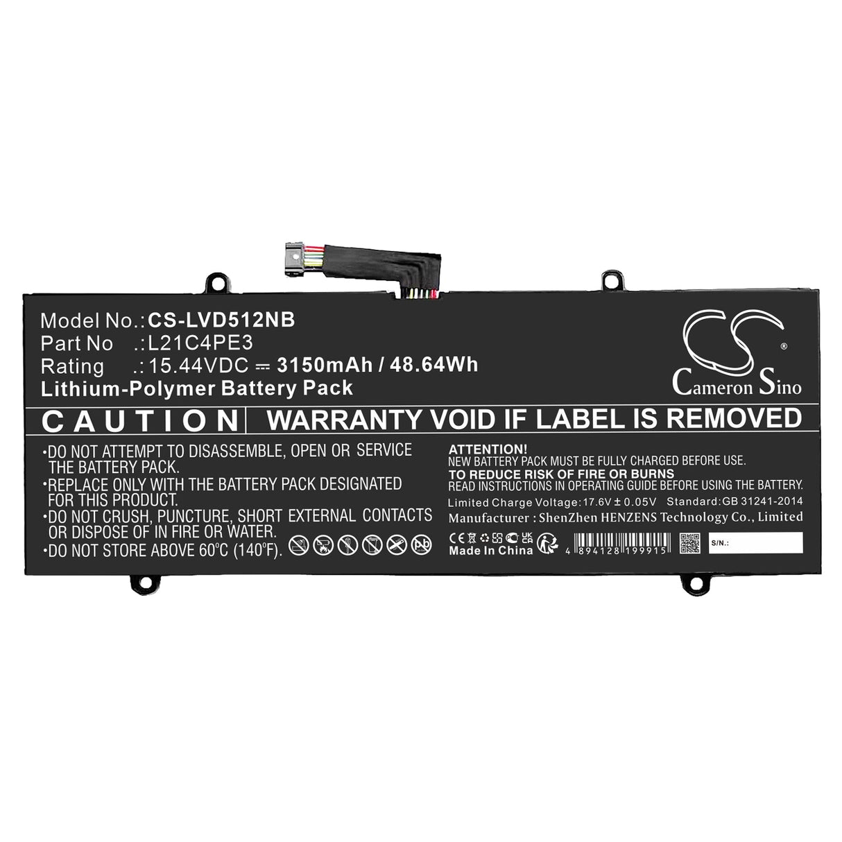 15.44V, Li-Polymer, 3150mAh, Battery fits Lenovo, Ideapad Duet 5 12iau7 82tq0002, Ideapad Duet 5 12iau7 82tq0006, 48.64Wh Notebook, Laptop Cameron Sino Technology Limited