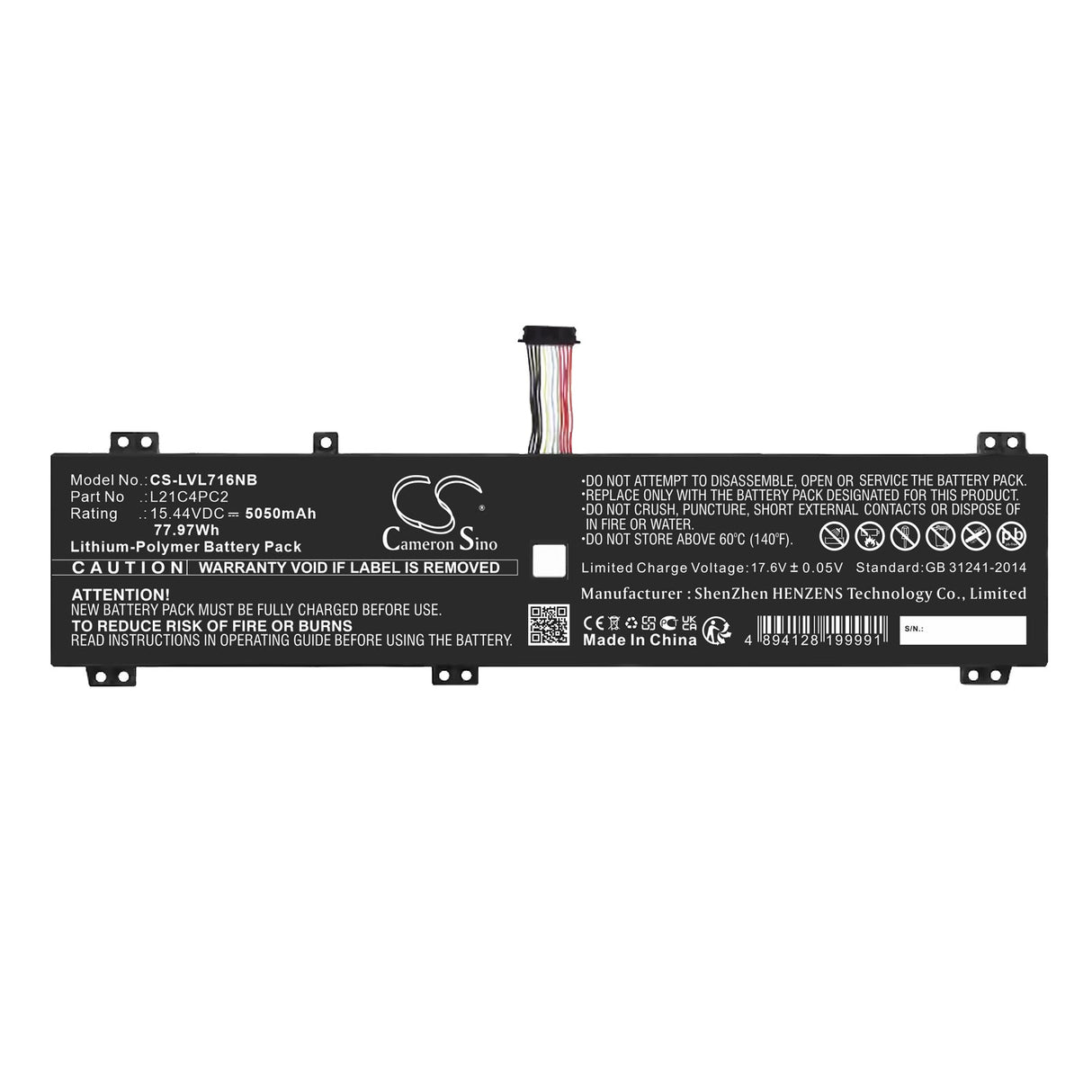 15.44V, Li-Polymer, 5050mAh, Battery fits Lenovo, Legion 7 16arha7 82uh0000us, Legion 7 16arha7 82uh0004uk, 77.97Wh Notebook, Laptop Cameron Sino Technology Limited