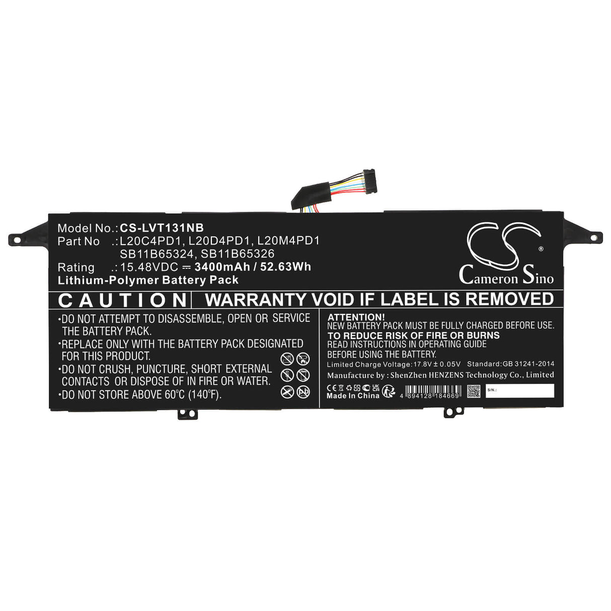 15.48v, Li-ion, 3400mah, Battery Fits Lenovo, Thinkbook 13x Itg 20wj0001us, 52.63wh Notebook, Laptop Cameron Sino Technology Limited