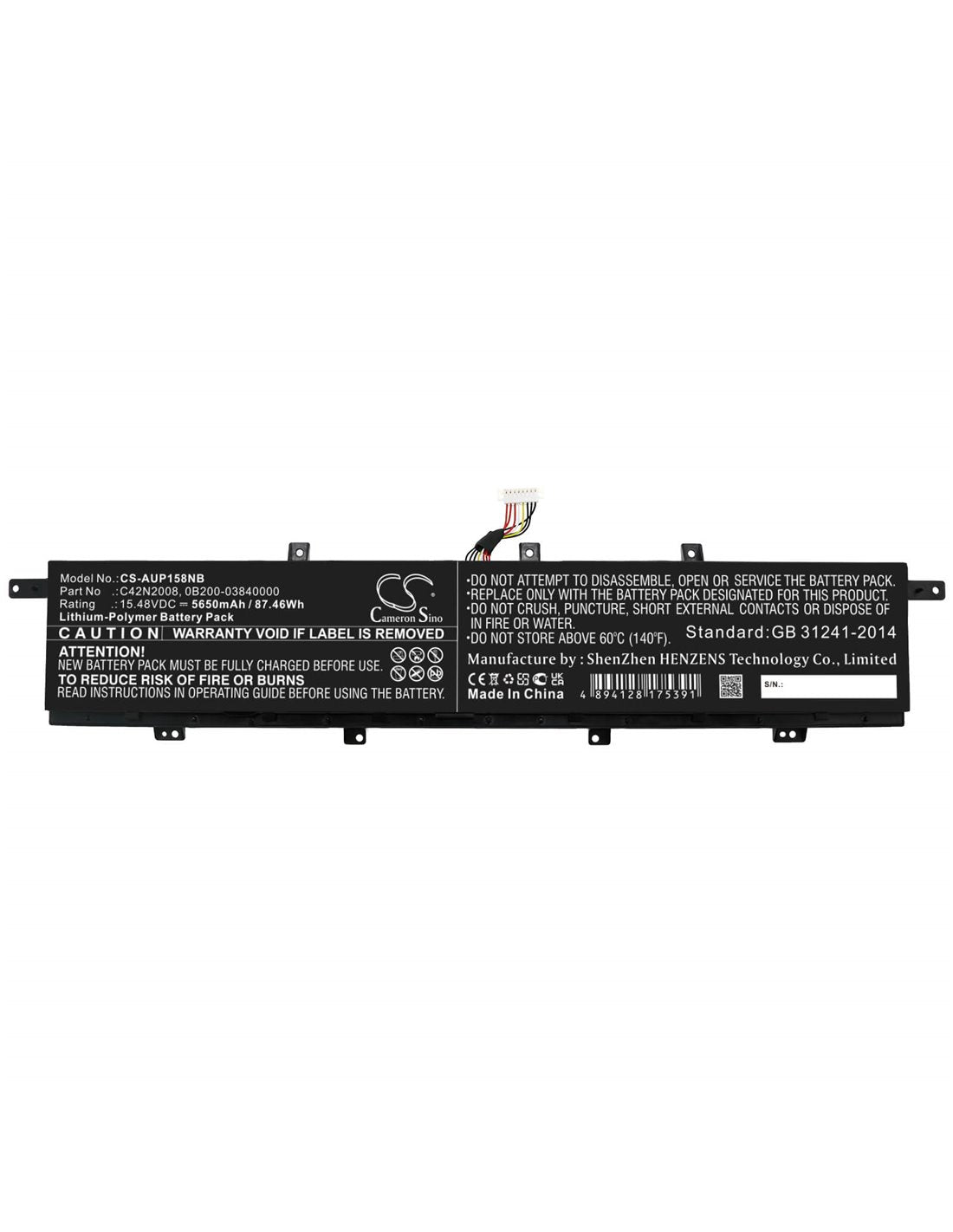 15.48v, Li-ion, 5650mah, Battery Fits Asus, Zenbook Pro 15 Ux582lr, Zenbook Pro 15 Ux582lr-h2002r, 87.46wh Notebook, Laptop Cameron Sino Technology Limited