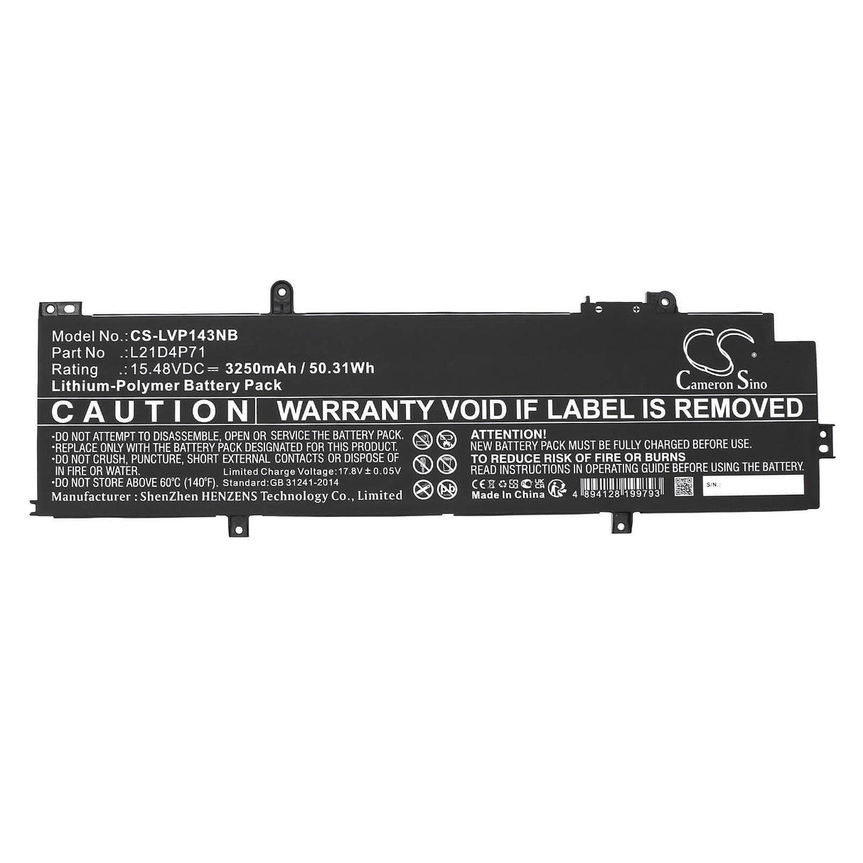 15.48V, Li-Polymer, 3250mAh, Battery fits Lenovo, Thinkpad P14s Gen 3(amd)21j500, Thinkpad P14s Gen 3(amd)21j500, 50.31Wh Notebook, Laptop Cameron Sino Technology Limited