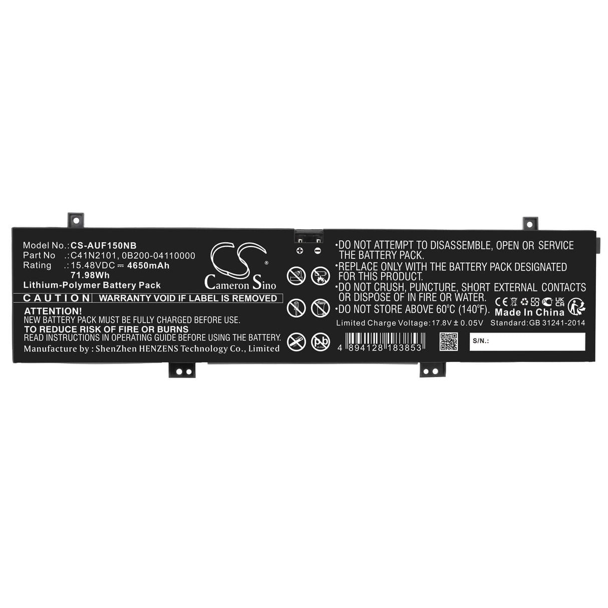15.48v, Li-polymer, 4650mah, Battery Fits Asus, Rog Zephyrus G14 Ga402, Rog Zephyrus G14 Ga402r, 71.98wh Notebook, Laptop Cameron Sino Technology Limited
