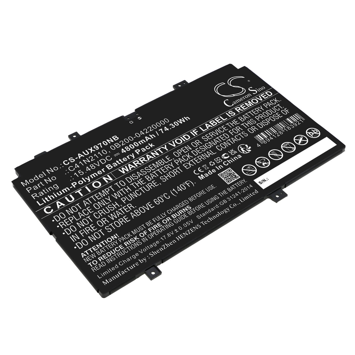 15.48v, Li-polymer, 4800mah, Battery Fits Asus, Ux9702aa, Zenbook 17 Fold Oled, 74.30wh Notebook, Laptop Cameron Sino Technology Limited
