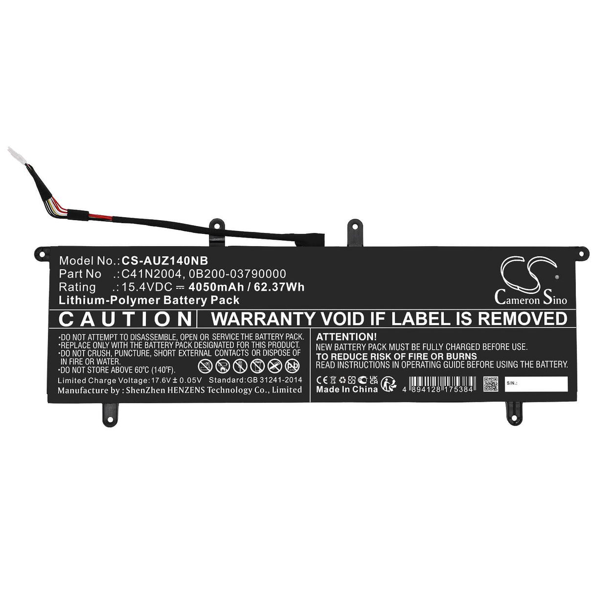15.4v, Li-ion, 4050mah, Battery Fits Asus, Zenbook Duo 14 Ux482, Zenbook Duo 14 Ux482ea, 62.37wh Notebook, Laptop Cameron Sino Technology Limited