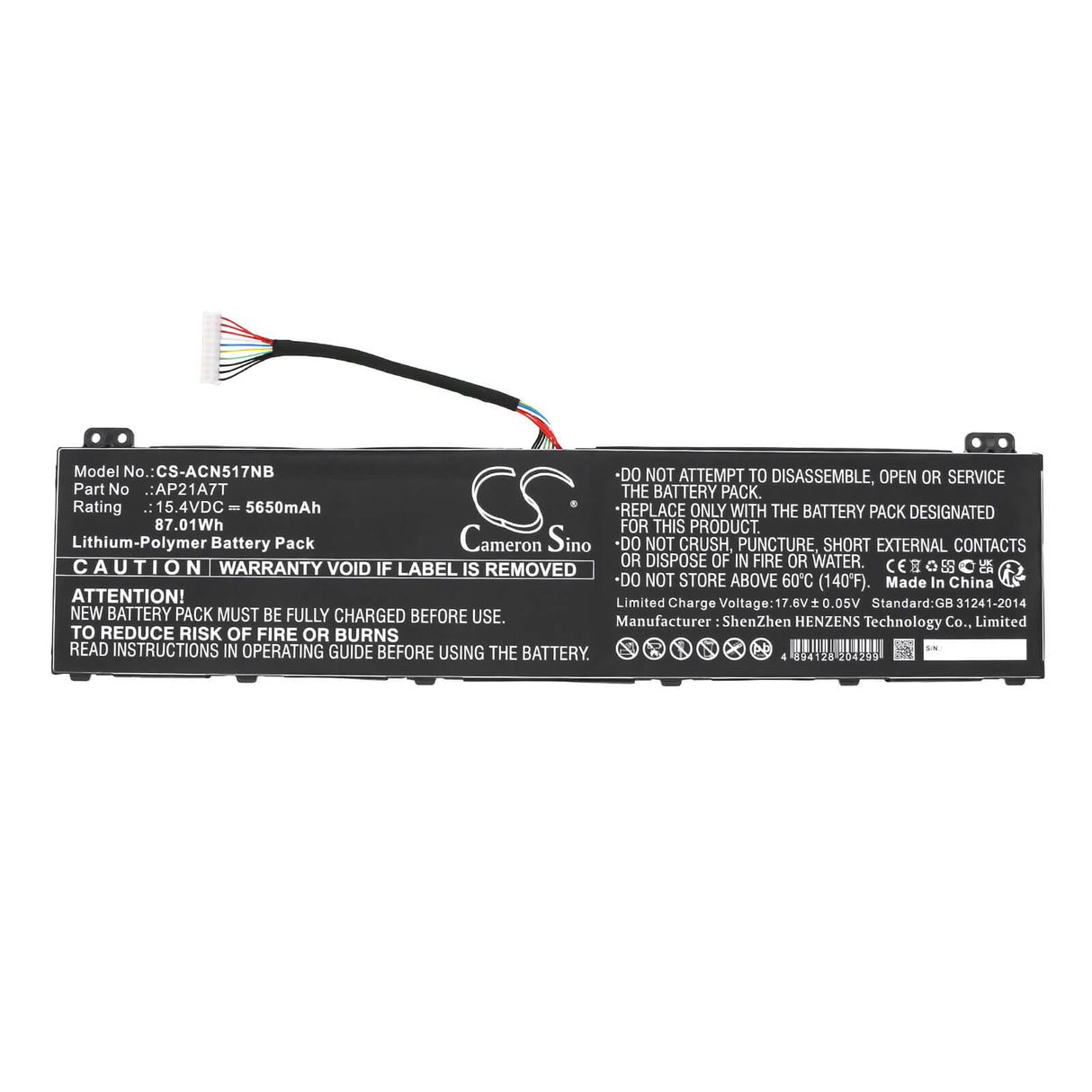 15,4v, Li-ion, 5650mah, Batterie d'ordinateur portable compatible avec Acer Nitro 5 An517-55-50nf, Nitro 5 An517-55-50p0, 87,01wh Ordinateur portable, Cameron Sino Technology Limited