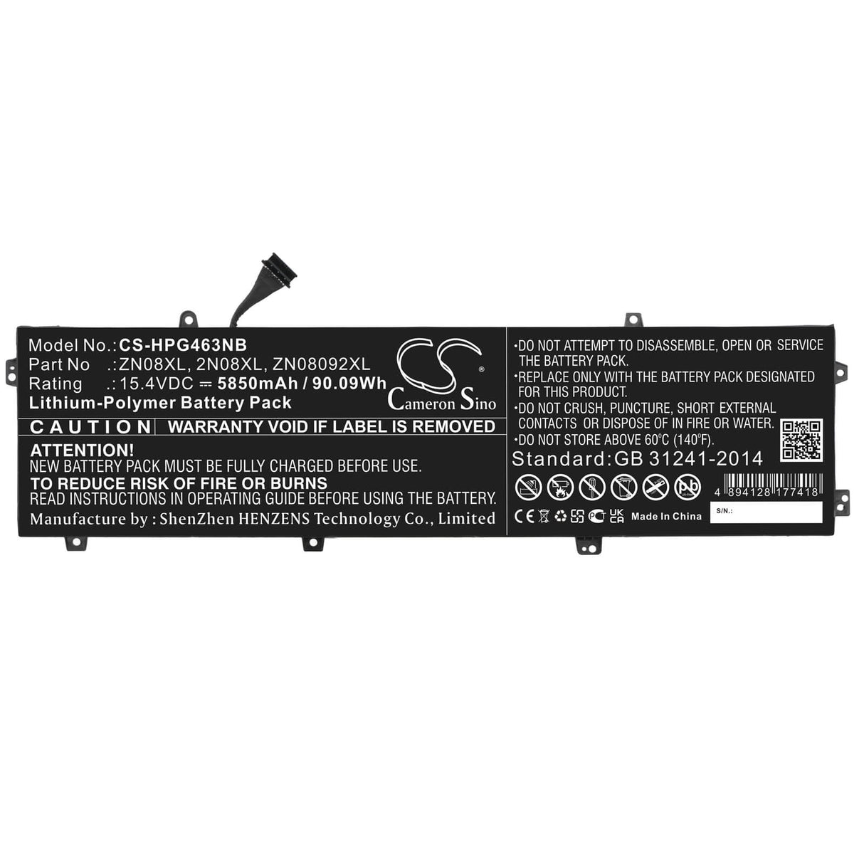 15.4v, Li-ion, 5850mah, Battery Fits Hp, Zbook Studio G3 V8n22pa, Zbook Studio G3 V8n23pa, 90.09wh Notebook, Laptop Cameron Sino Technology Limited