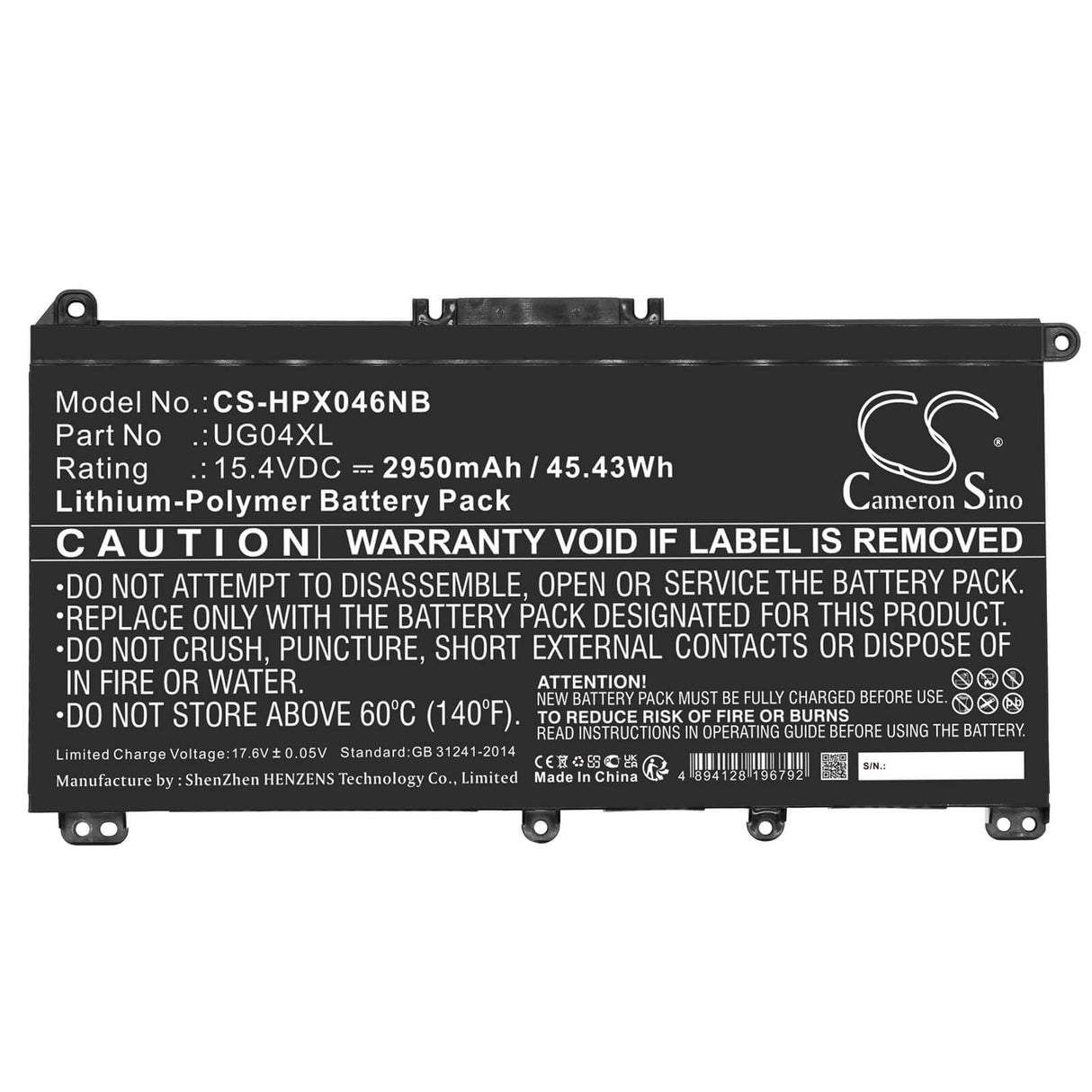 15.4v, Li-polymer, 2950mah, Battery Fits Hp, 996qa166h, Hstnn-ib9b, 45.43wh Notebook, Laptop Cameron Sino Technology Limited