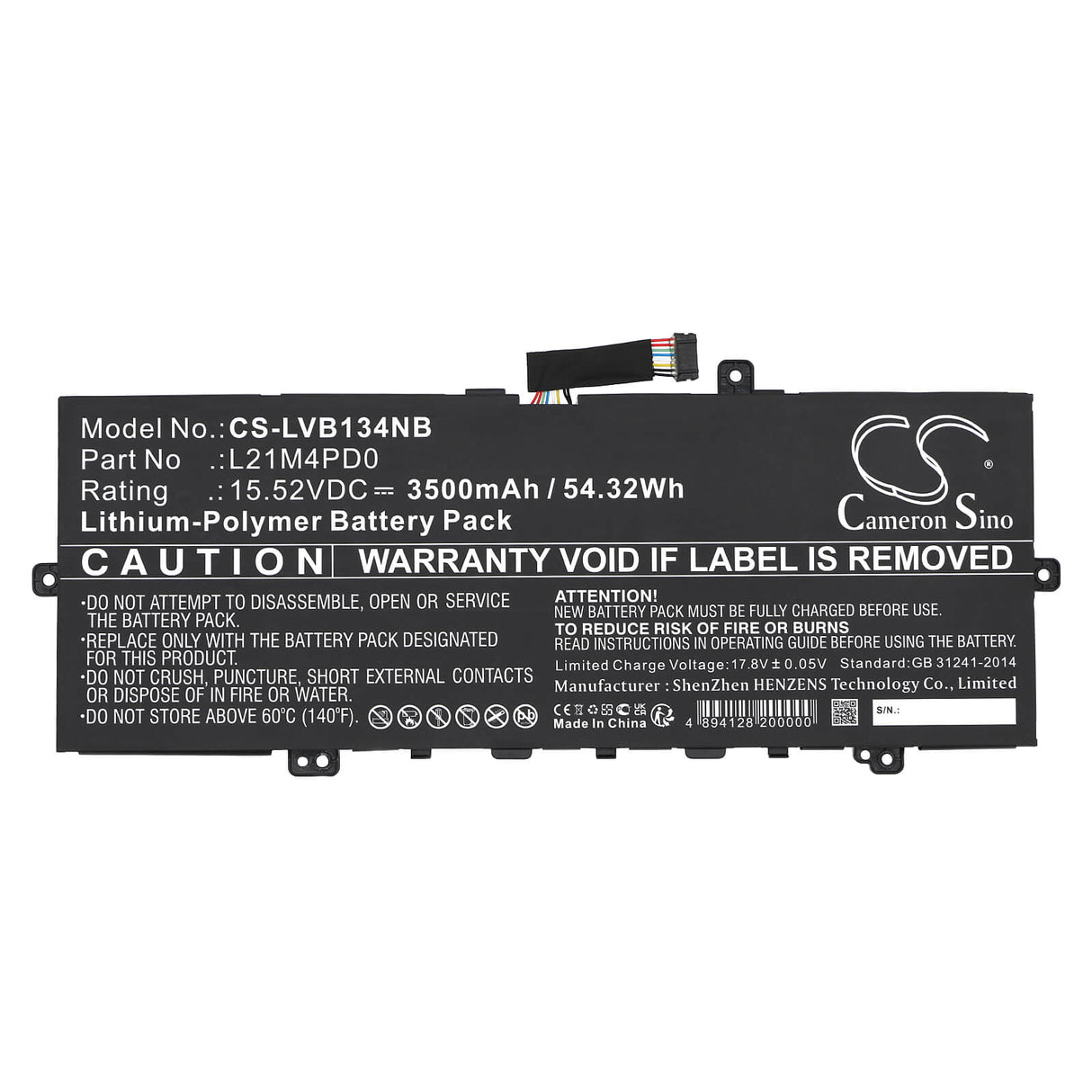 15.52V, Li-Polymer, 3500mAh, Notebook Battery fits Lenovo, Thinkbook 13s G4 Arb 21as0005p, Thinkbook 13s G4 Arb 21as0006a, 54.32Wh Notebook, Laptop Cameron Sino Technology Limited
