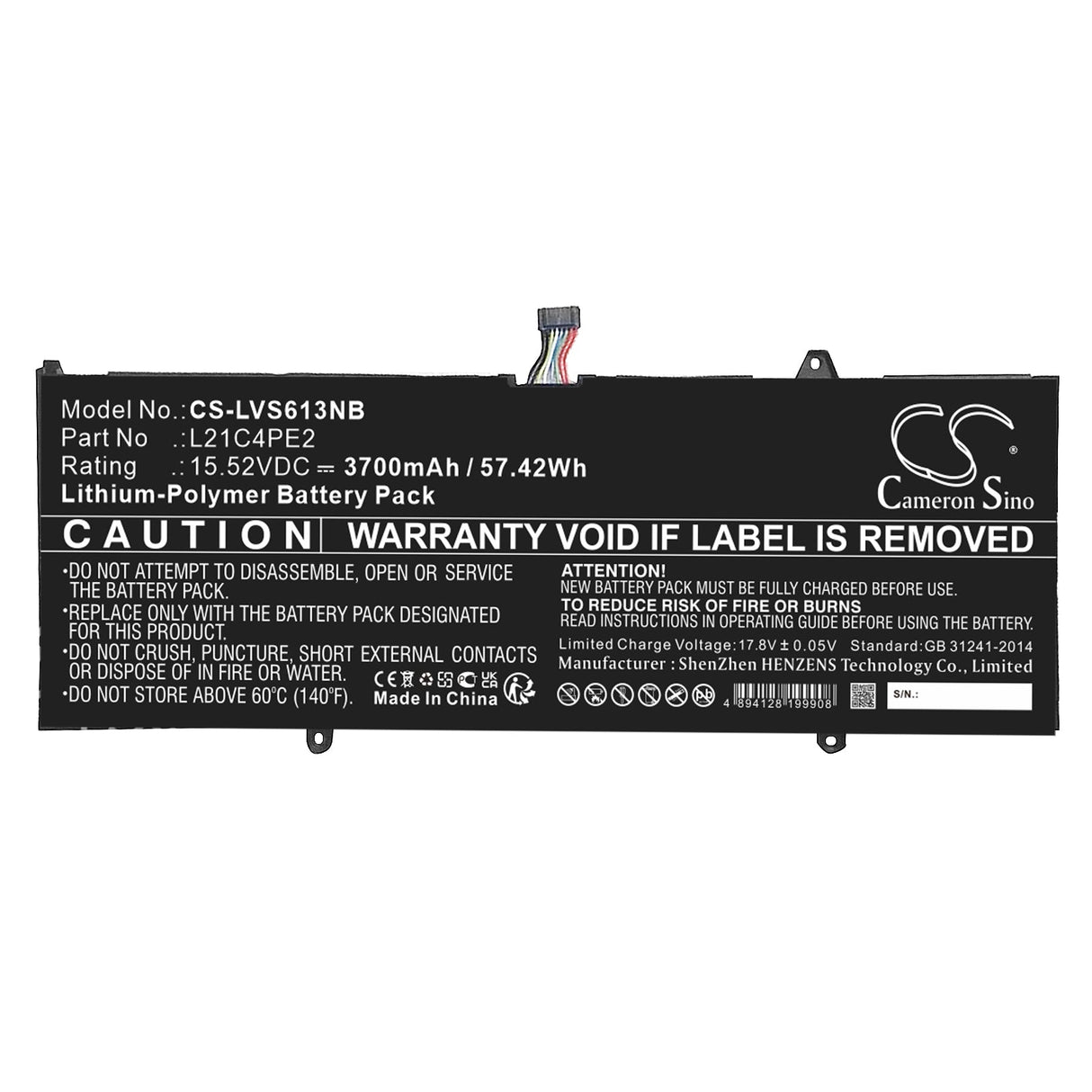 15.52V, Li-Polymer, 3700mAh, Battery fits Lenovo, Yoga 6 13abr8 83b20002sb, Yoga 6 13abr8 83b20004tw, 57.42Wh Notebook, Laptop Cameron Sino Technology Limited