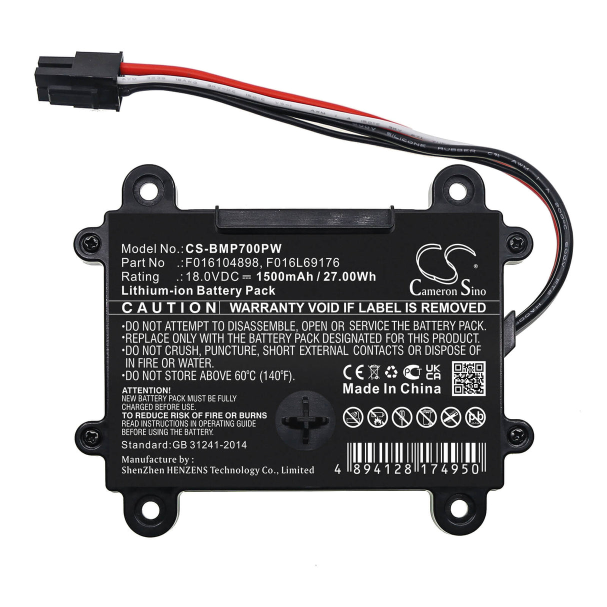 18.0V, Li-ion, 1500mAh, Lawn Mowers battery fits Bosch, F016104898, Indego 350, Indego 400, 27.0Wh Lawn Mowers Cameron Sino Technology Limited