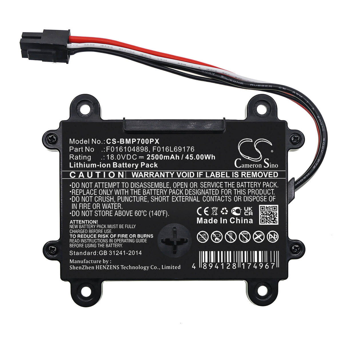 18.0V, Li-ion, 2500mAh, Lawn Mowers battery fits Bosch, F016104898, Indego 350, Indego 400, 45.00Wh Lawn Mowers Cameron Sino Technology Limited