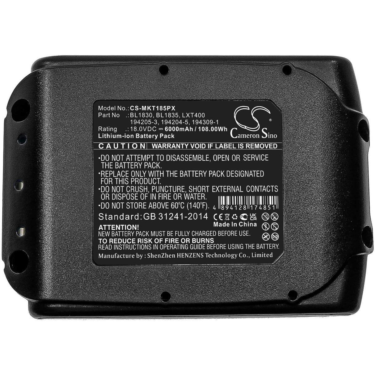 18.0V, Li-ion, 6000mAh, batterie pour outils électriques compatible avec Makita, (V1), 194065-3, Bbo140, Bbo180, 108Wh Outils électriques Cameron Sino Technology Limited (Marchandises dangereuses)